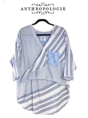 Anthropologie Holding Horses Cross Zeni Blue White‎ Striped High Low Wrap Blouse